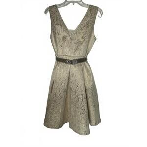 VTG Böhme Gold Metallic Brocade Party Dress Size S Sleeveless Fit Flare Belted